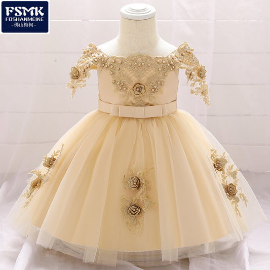 Amazon Europe And The United States 2021 New Girl&#039;s Dress Beaded Flower Mesh Puffy Princess Dress Baby Dress