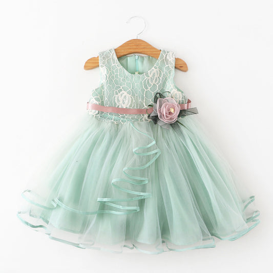 2021 Summer New Girl&#039;s Dress Dress Sleeveless Stitching Lace Embroidered Skirt Western Style Trend With Lining