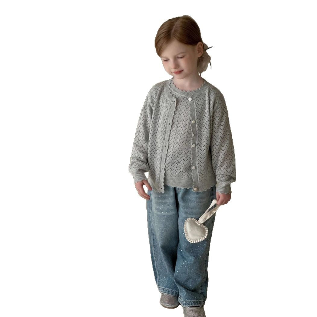 Cotton Multi-meter Girls 2025 Yuan Korean Version Of Girls Spring And Autumn New Hollow Knitted Vest Cardigan Two-piece Jacket