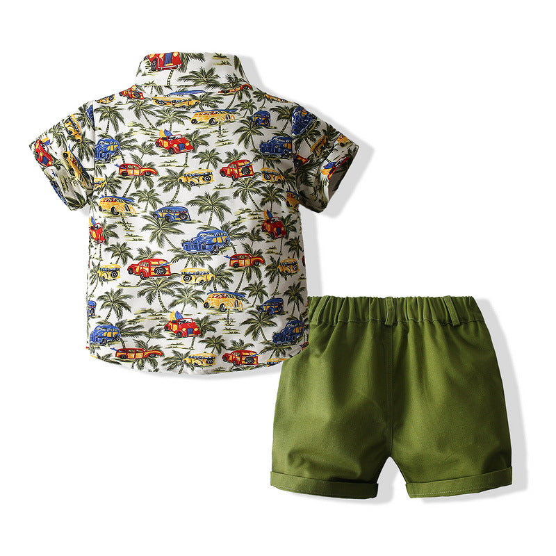 Boys Suit Beach Style Shirt Summer Style Army Green Coconut Tree Shirt Shorts European And American Style Children&#039;s Cotton Summer Clothes