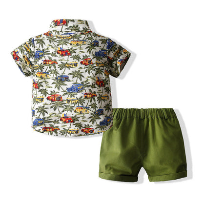 Boys Suit Beach Style Shirt Summer Style Army Green Coconut Tree Shirt Shorts European And American Style Children&#039;s Cotton Summer Clothes