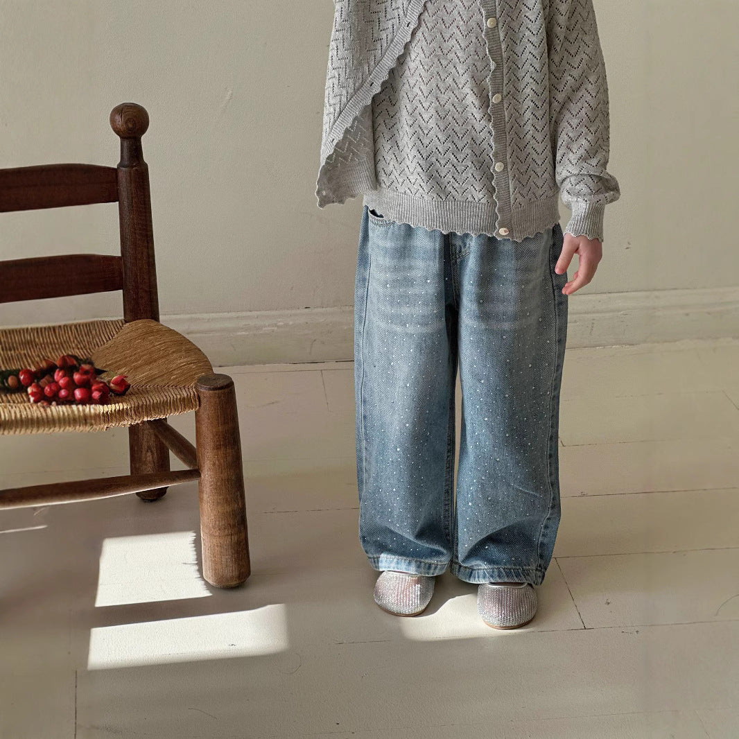 Cotton Multi-meter Girls 2025 Yuan Korean Version Of Girls Spring And Autumn New Hollow Knitted Vest Cardigan Two-piece Jacket