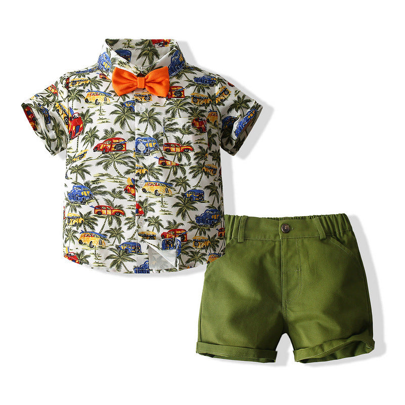 Boys Suit Beach Style Shirt Summer Style Army Green Coconut Tree Shirt Shorts European And American Style Children&#039;s Cotton Summer Clothes