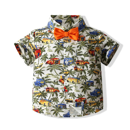Boys Suit Beach Style Shirt Summer Style Army Green Coconut Tree Shirt Shorts European And American Style Children&#039;s Cotton Summer Clothes