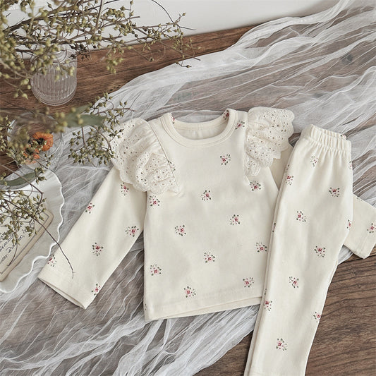 Ins Spring And Autumn Baby Small Floral Baby Suit Women&#039;s Lace Flying Sleeve Crewneck Home Clothes Two-piece Set