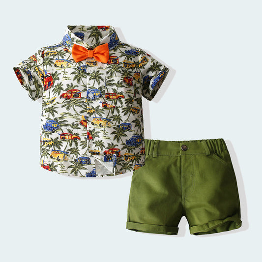 Boys Suit Beach Style Shirt Summer Style Army Green Coconut Tree Shirt Shorts European And American Style Children&#039;s Cotton Summer Clothes