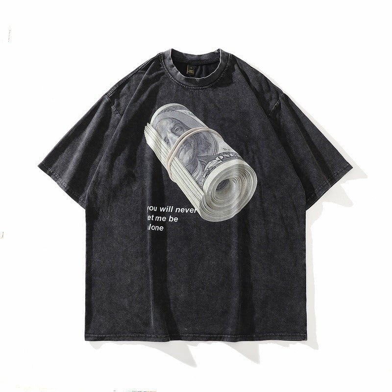 High Street Washed Old Graffiti Short-sleeved T-shirt Men&#039;s American Style Retro Street Hip Hop National Fashion Brand Couple Half-sleeved T-shirt