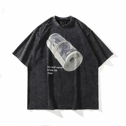 High Street Washed Old Graffiti Short-sleeved T-shirt Men&#039;s American Style Retro Street Hip Hop National Fashion Brand Couple Half-sleeved T-shirt