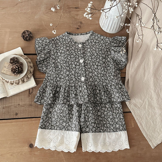 INS Baby Spring And Autumn Floral Picking Edge Zou Zou Fei Sleeve Single-breasted Vest Lace Stitching Pants