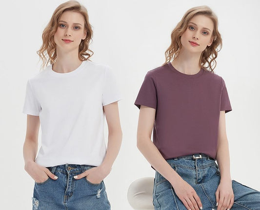 High-end 190g High-branch Double-sided Liquid Ammonia Mercerized Cotton T-shirt Women&#039;s Summer Short-sleeved Cotton Versatile White Round Neck T-shirt